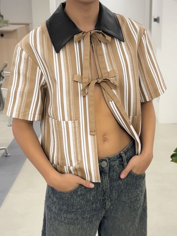 Men's Striped Contrast Tie Short Sleeve Shirt SKUL51947