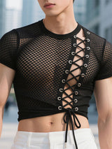 Mens Sheer Mesh Drawstring Cropped Short Sleeve T-Shirt SKUL17037