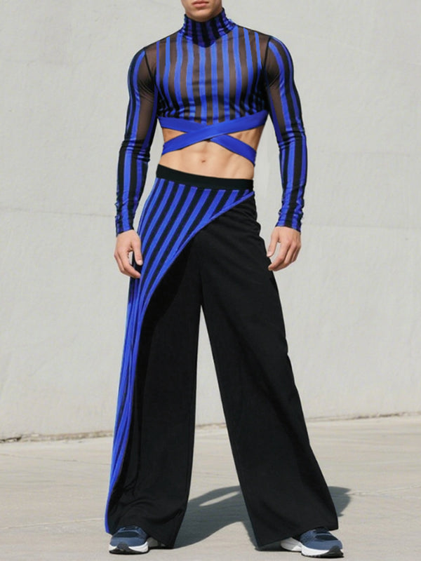 Men's Sheer Striped Cropped Two Pieces Outfit SKUL25950