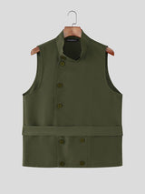 Men's Solid Button Stand Collar Sleeveless Shirt SKUL40117