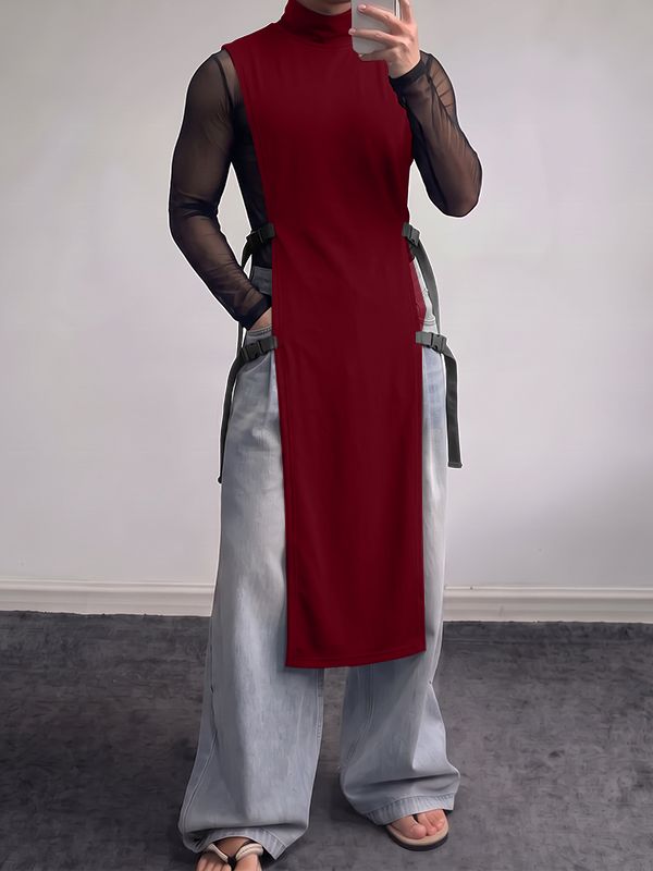 Men's Avant-Garde Darkwear Nightclub Party Side Buckle Strap High-Slit Long-Line Tank SKUL85220