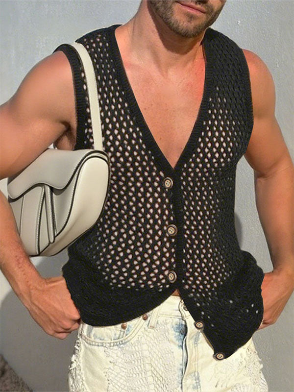 Mens Sheer Mesh Hollow-Out Casual Waistcoat SKUL17905