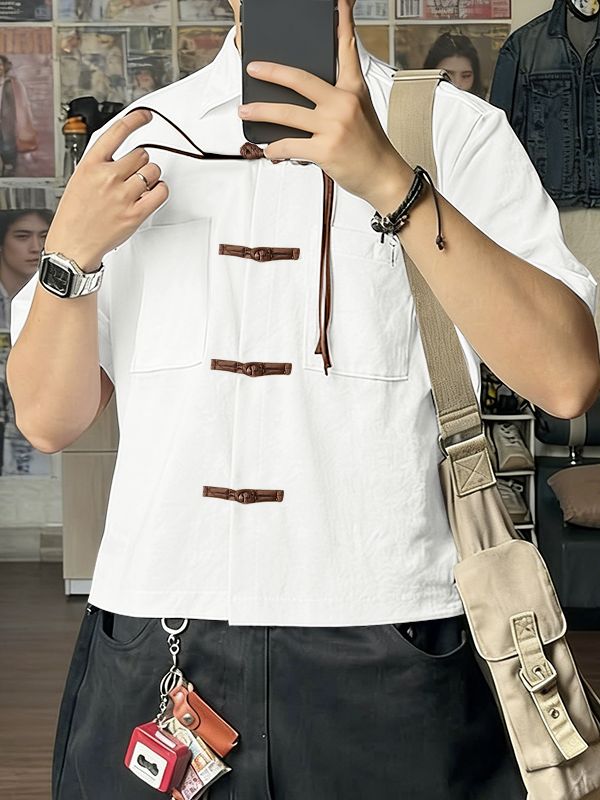 Men's Solid Color New Chinese Style Frog Button Short Sleeve Shirt SKUL57120