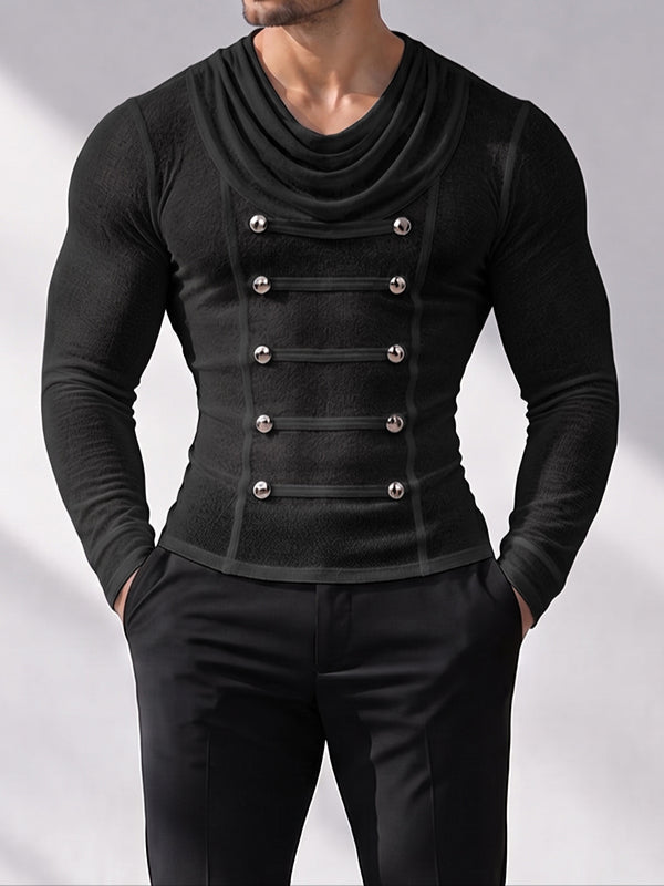 [Pre-order] Men's Victorian Vintage Evening Gala Draped Cowl Neck Double-Breasted Button Muscle T-shirt SKUL88497