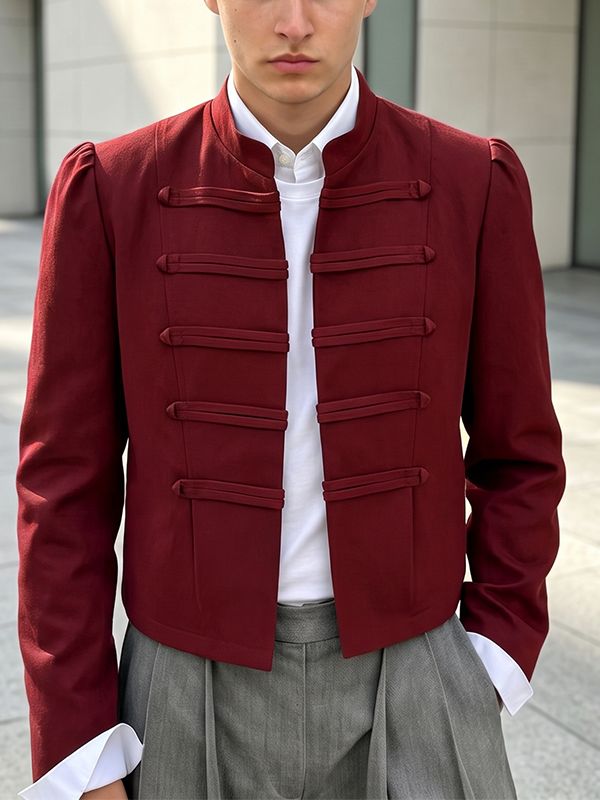 Men's Retro Party Hussar Military Frogging Cropped Long Sleeve Stand Collar Jacket SKUL81161