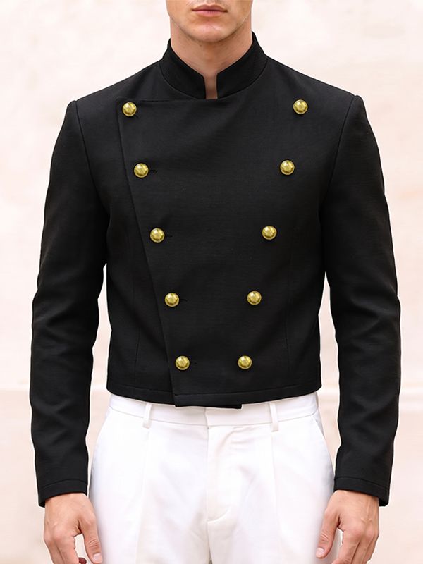 Men's Avant-Garde Retro Military Double-Breasted Gold Button Long Sleeve Stand Collar Cropped Jacket SKUL82410