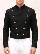 Men's Avant-Garde Retro Military Double-Breasted Gold Button Long Sleeve Stand Collar Cropped Jacket SKUL82410