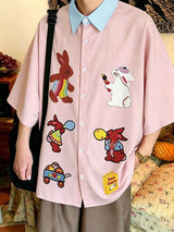 Men's Japanese Harajuku Cute Cartoon Rabbit Graphic Contrast Collar Short Sleeve Shirt SKUL59667
