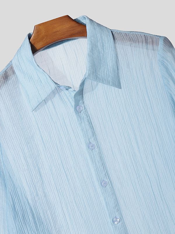 Men's Wrinkled Textured Sheer Long Sleeve Shirt SKUL41763