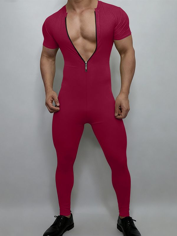 Men's Slim Fit Crew Neck Zipper Short Sleeve Bodysuit SKUL48656