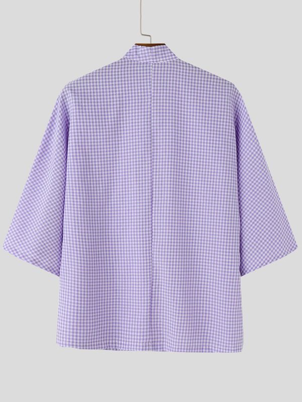 Men's Asymmetric Placket Plaid Frog Button Half Sleeve Cardigan SKUL62020