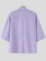 Men's Asymmetric Placket Plaid Frog Button Half Sleeve Cardigan SKUL62020