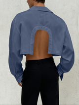 Men's Back Cutout Satin Cropped Long Sleeve Shirt SKUL47871