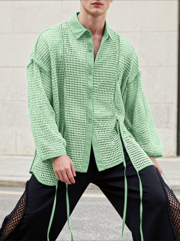 Men's Ribbon Patchwork Hollow Mesh Long Sleeve Shirt SKUL46178