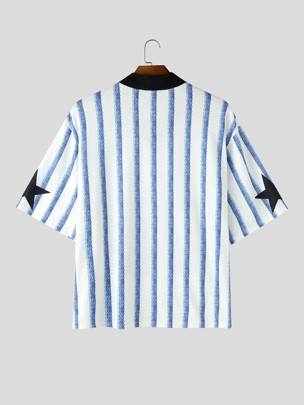 Men's American Streetwear Blokecore Striped Number Print Contrast Dropped Shoulder Short Sleeve Shirt SKUL69691
