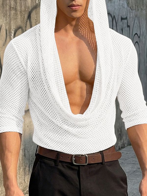 Men's Sheer Mesh Draped Neck Hooded Half Sleeve T-shirt SKUL54043