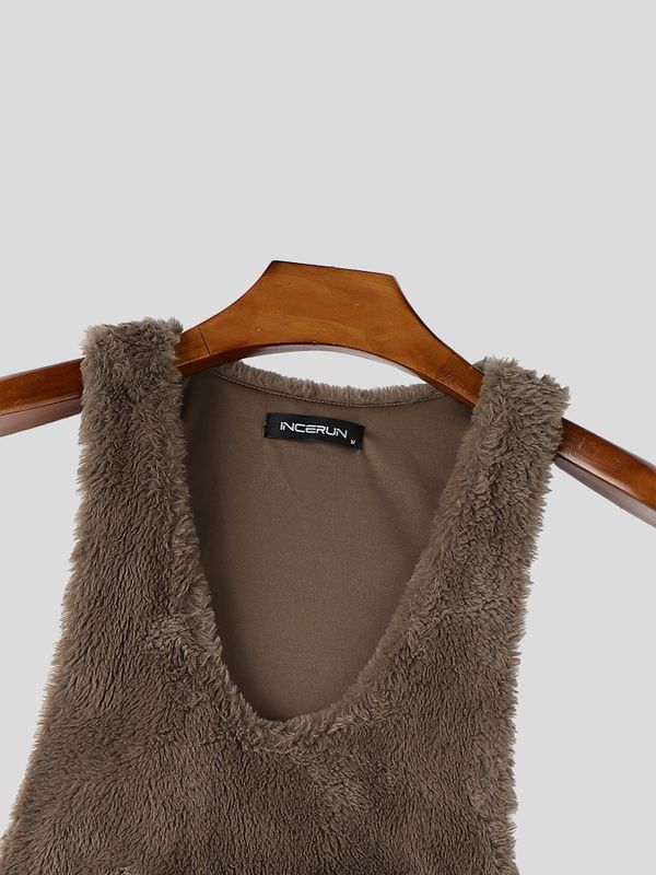 Men's Cozy Plush Fleece Deep V-Neck Dropped Armhole Tank SKUL77422