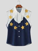 Men's Star Print Ruffled Jabot Sleeveless Shirt SKUL55309