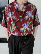 Men's Floral Print Draped Cowl Neck Relaxed Fit Short Sleeve Shirt SKUL61180