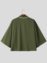 Men's Early Autumn Urban Casual Piped Edge Button Down Wide 3/4 Sleeve Lapel Collar Shirt SKUL81910