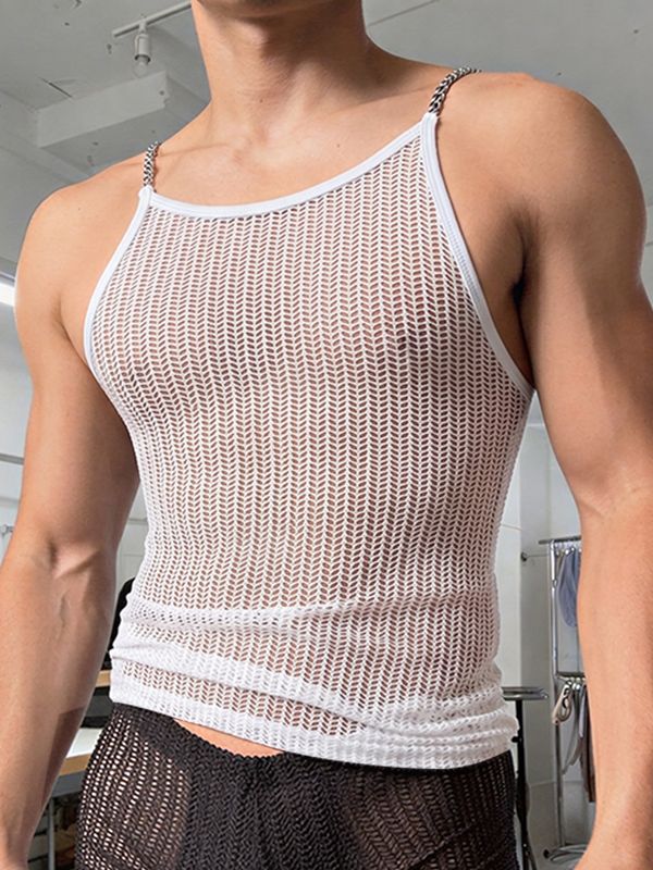 Men's Clubwear Metal Chain Strap Sheer Mesh Zigzag Knit Square Neck Slim Fit Tank SKUL68396