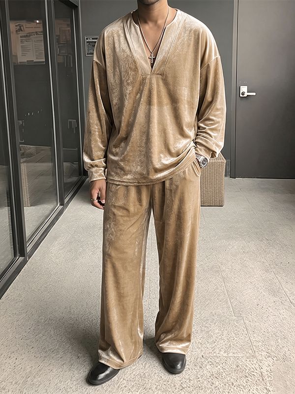 Men's Casual Oversized Velour Deep-V Two Pieces Outfit SKUL79072