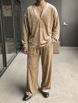 Men's Casual Oversized Velour Deep-V Two Pieces Outfit SKUL79072