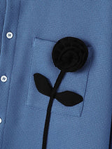 Men's Clean Fit 3D Rose Flower Patch Pocket Waffle Texture Long Sleeve Band Collar Shirt SKUL82419