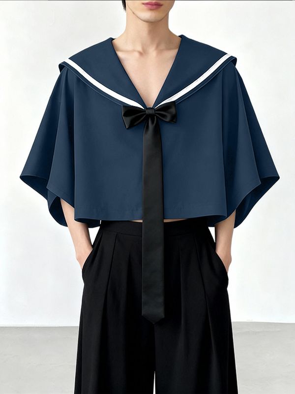 Men's Solid Color Sailor Collar Cropped Short Sleeve Shirt SKUL45413