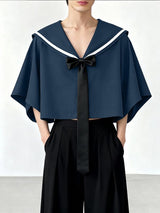 Men's Solid Color Sailor Collar Cropped Short Sleeve Shirt SKUL45413