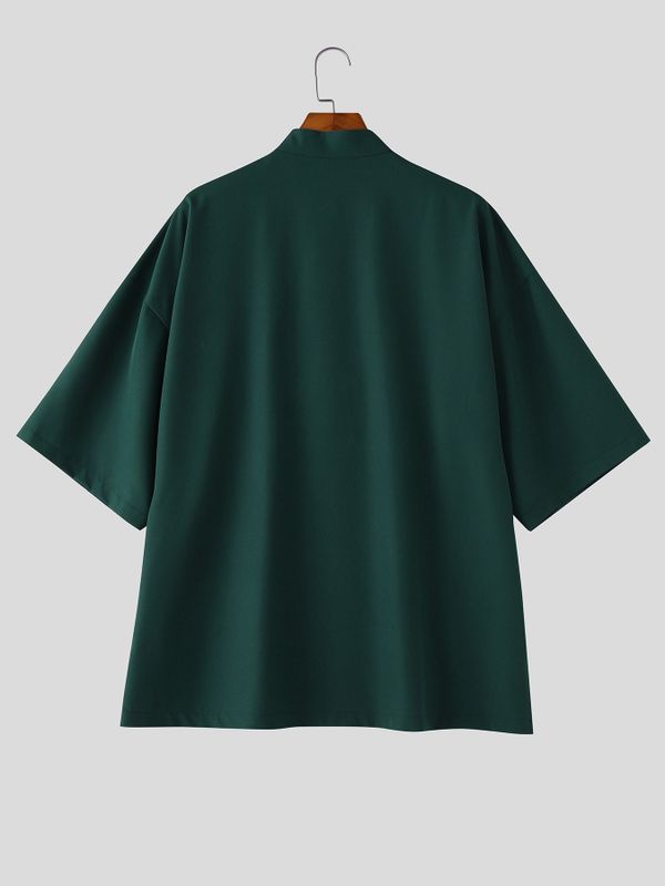Men's Contrast Trim Frog Button Stand Collar Half Sleeve Shirt SKUL60611