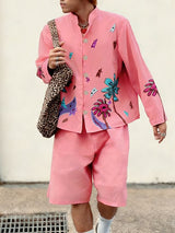 Men's Floral Print Stand Collar Two Piece Outfit SKUL45141