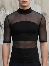 Men's Avant-Garde Sheer Mesh Paneled Mock Neck T-shirt SKUL63115