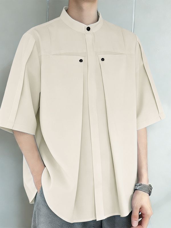 Men's Architectural Pleated Panel Stand-Collar Boxy Shirt SKUL61856