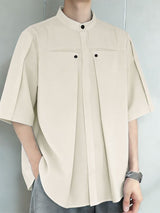 Men's Architectural Pleated Panel Stand-Collar Boxy Shirt SKUL61856
