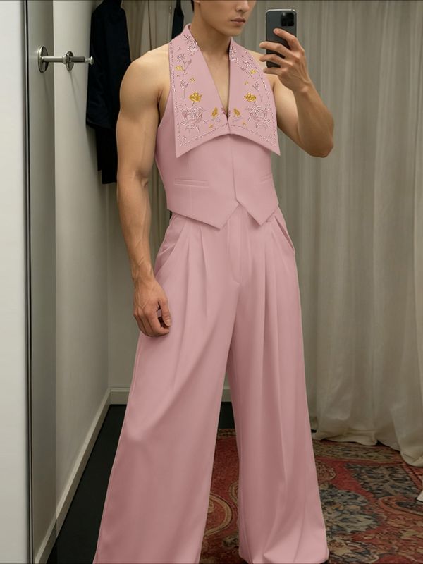 Men's Floral Embroidery Turn Down Collar Two Pieces Outfit SKUL38945