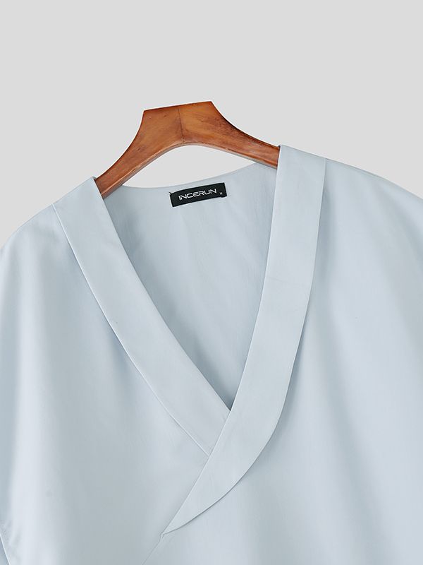 Men's Solid Color Loose Deep V Neck Long Sleeve Shirt SKUL51906