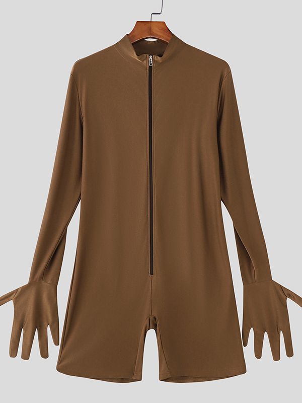 Men's Solid Color Zipper Long Sleeve Bodysuit SKUL48670