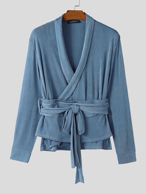 Men's Asymmetrical Placket Lace Up Cinched Waist Long Sleeve Shirt SKUL44020