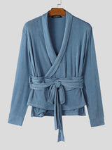 Men's Asymmetrical Placket Lace Up Cinched Waist Long Sleeve Shirt SKUL44020