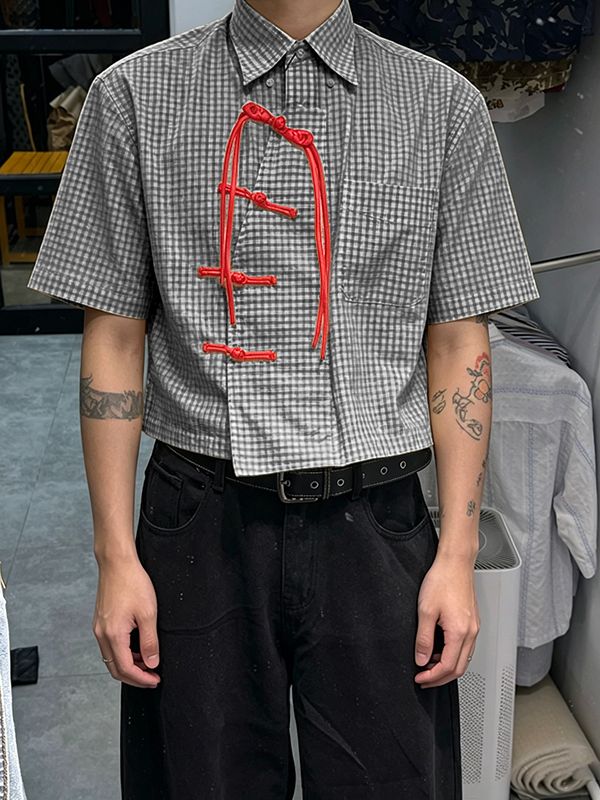 Men's Trendy New Chinese Style Gingham Plaid Contrast Frog Button Cropped Shirt SKUL60807