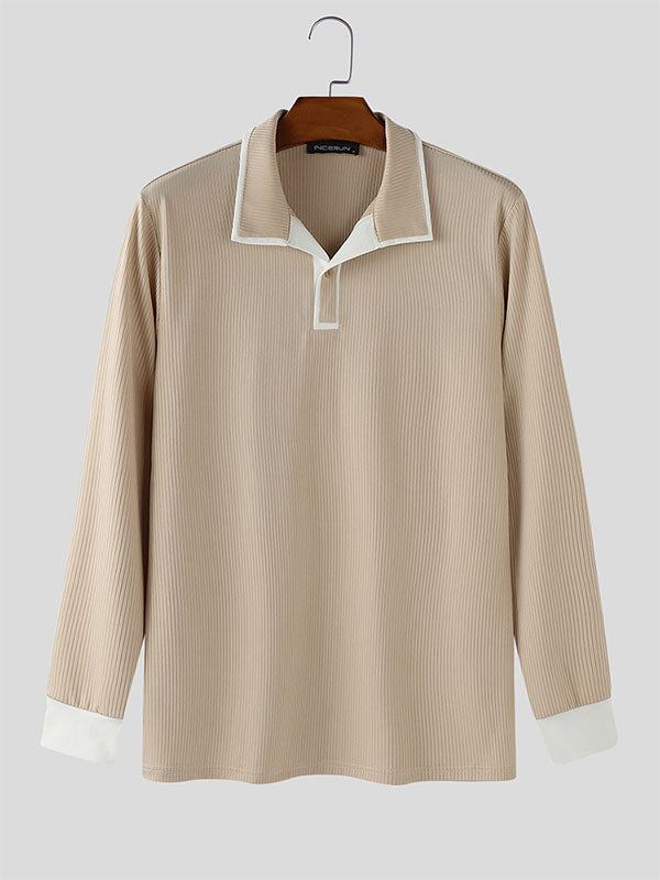 Men's Contrast Texture Lapel Long Sleeve Shirt SKUL26090