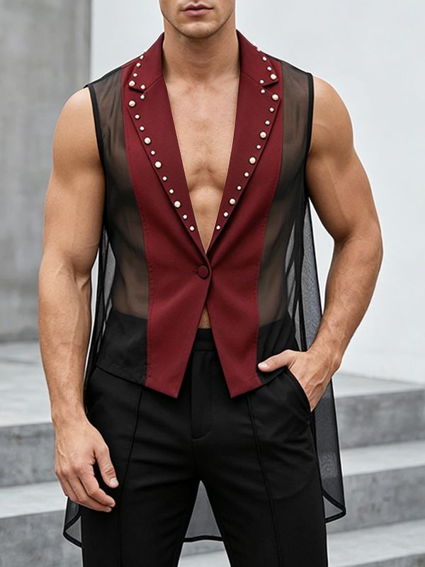 Men's Avant-Garde Studded Lapel Sheer Mesh High-Low Tuxedo Blazer SKUL63810