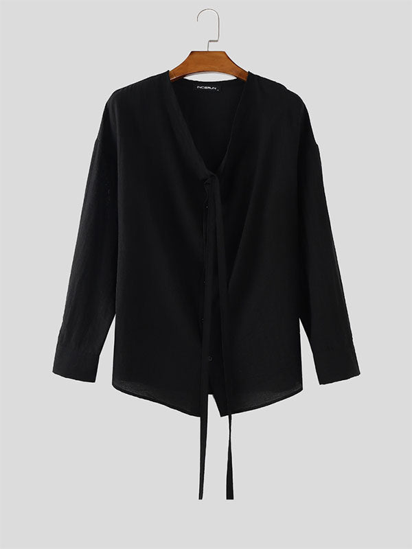 Men's Loose Ribbon Long Sleeve Shirt SKUL24764