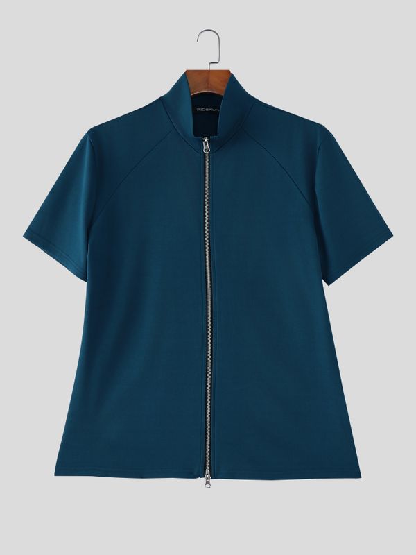 Men's Solid Color Double Zipper Design Short Sleeve Cardigan SKUL54066