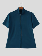 Men's Solid Color Double Zipper Design Short Sleeve Cardigan SKUL54066