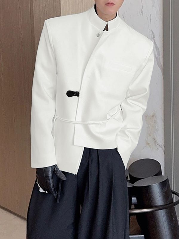 Men's Irregular Design Leather Buckle Stand Collar Blazer SKUL37298