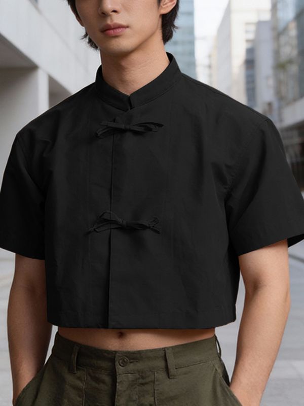 Men's New Chinese Style Frog Button Cropped Short Sleeve Shirt SKUL55599