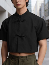 Men's New Chinese Style Frog Button Cropped Short Sleeve Shirt SKUL55599