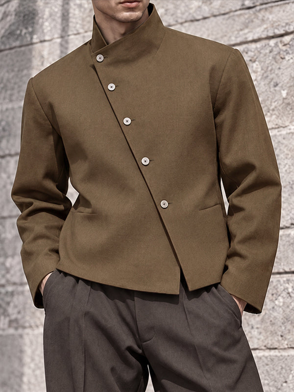 [Pre-order] Men's Neo-Chinese Chic Art Exhibition Asymmetric Diagonal Button Stand Collar Cropped Jacket SKUL88515